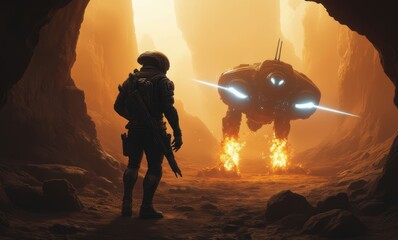 Astronaut facing a mysterious spaceship