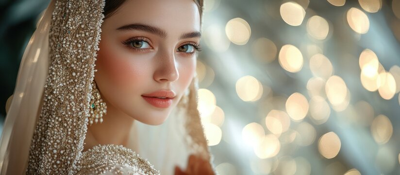 Bride's portrait, bokeh lights, studio, wedding