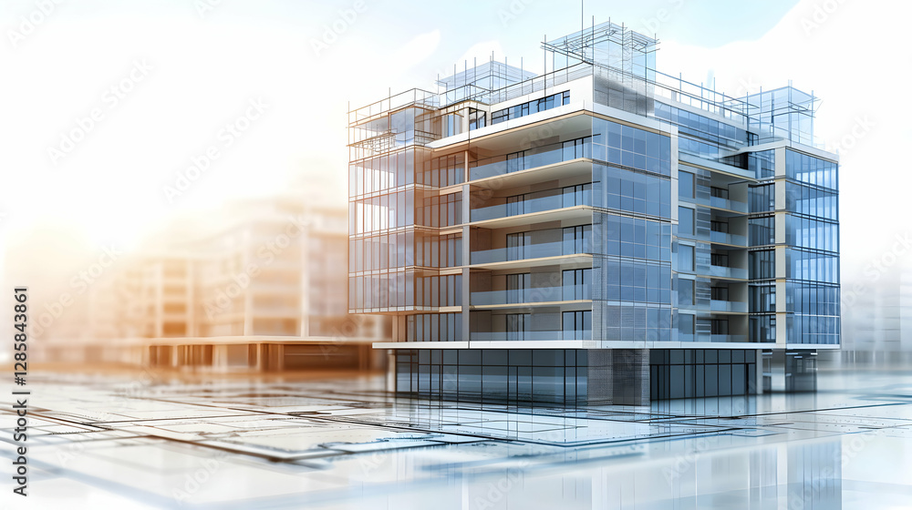 Poster modern architectural design of a multi-story building under construction with scaffolding