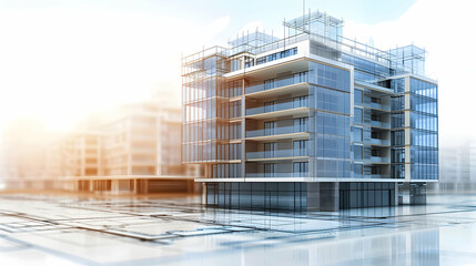 Modern architectural design of a multi-story building under construction with scaffolding