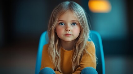 Fototapeta premium Young girl with blonde hair and blue eyes is sitting in a blue chair. She is wearing a yellow shirt and blue pants