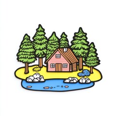 Fototapeta premium Cozy cabin illustration surrounded by trees, rocks, flowers, and water in a colorful outdoor setting