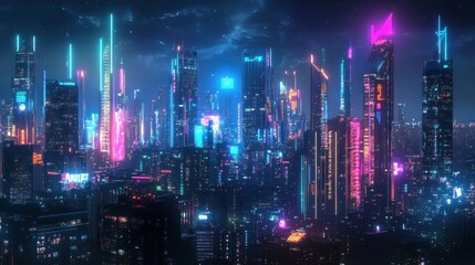 Vibrant Neon Cityscape at Night: Illuminated Skyline with Futuristic Vibes