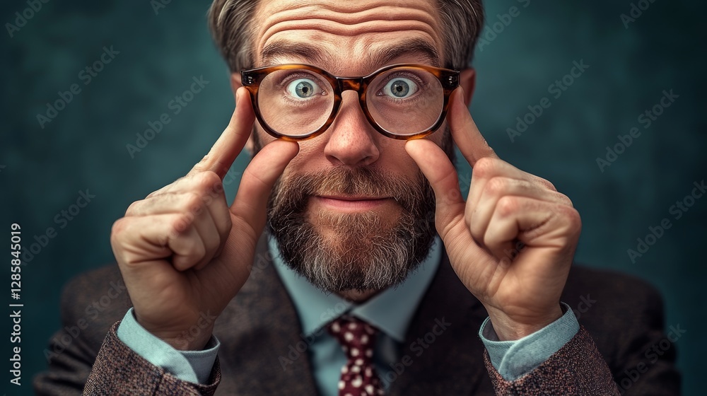 Poster man with glasses is making a funny face and pointing at something. the image has a lighthearted and 