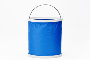 Blue Fabric Bucket with Handle on White Background..