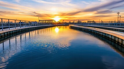 Fototapeta premium Serene Sunset Reflection Over Water Treatment Facility with Circular Lagoons and Vibrant Colors