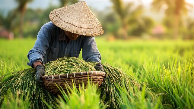 Harvesting Rice Paddy Farmer Working in Field with Traditional Hat