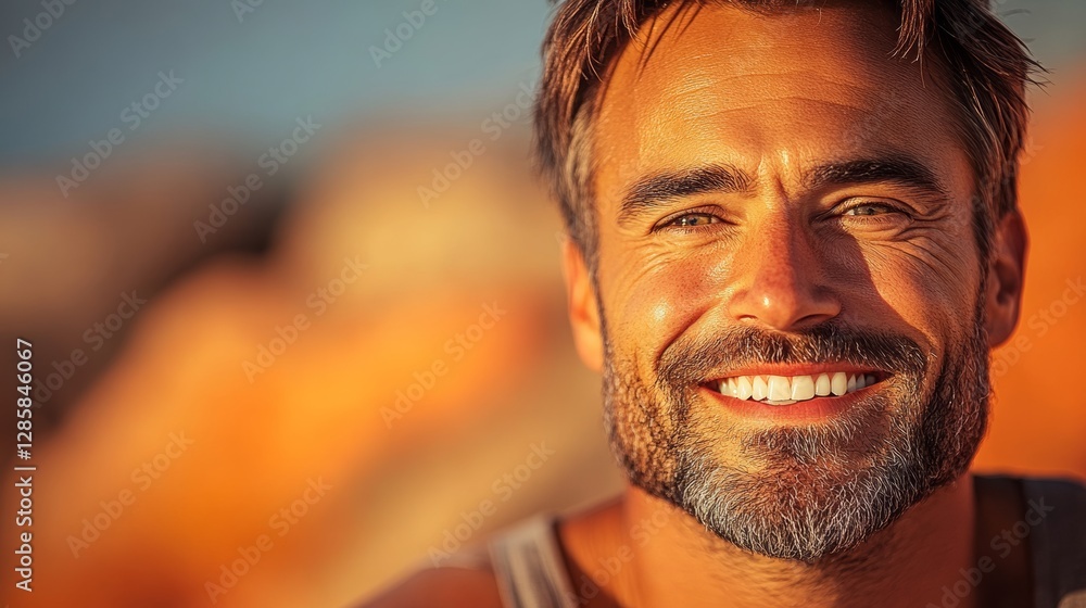Aufkleber man with a beard and a smile is smiling at the camera. he has a bright, happy expression on his face