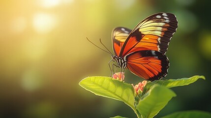 Obraz premium Orange butterfly on flower, sunlit garden