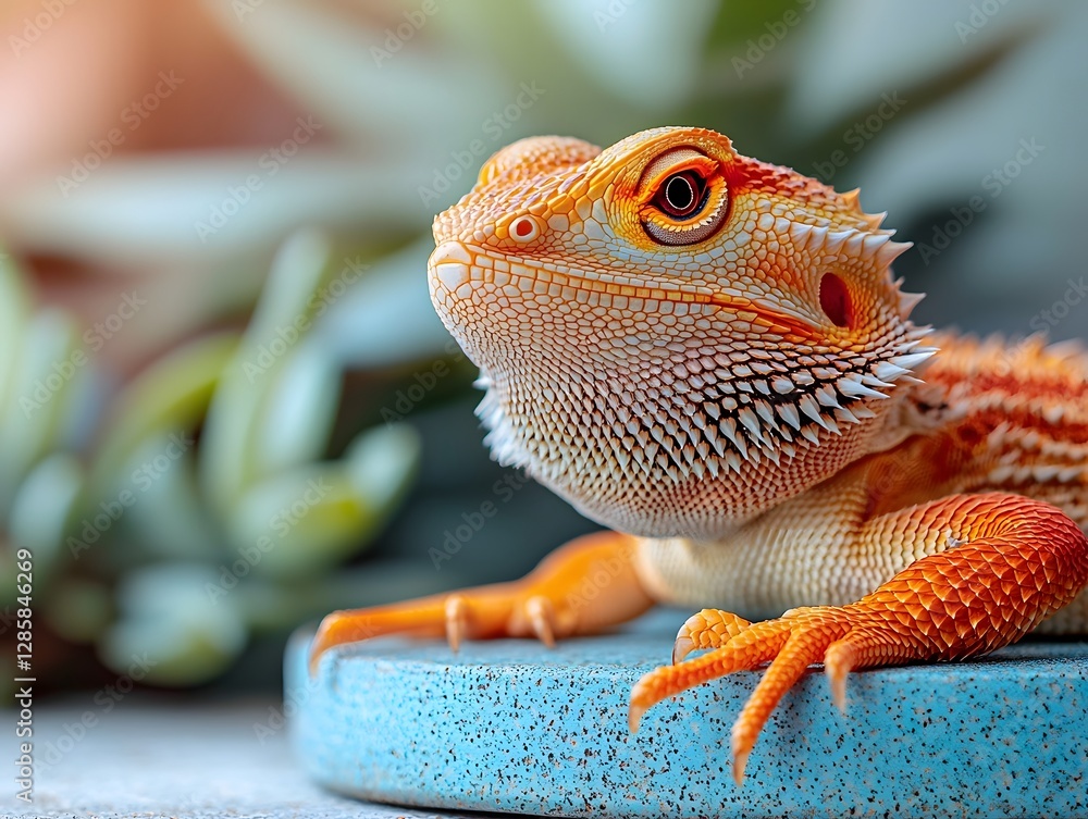 Poster captivating bearded dragon resting on vibrant branch in desert setting