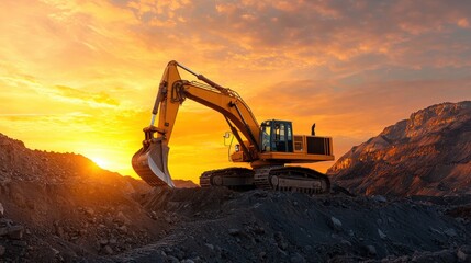 Excavator Machine at Sunset Over Mountain Landscape with Dramatic Sky and Rocks