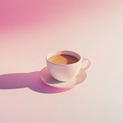 A minimalistic coffee cup on a white saucer with soft pink gradient background. Perfect for coffee lovers and stylish aesthetic concepts.
