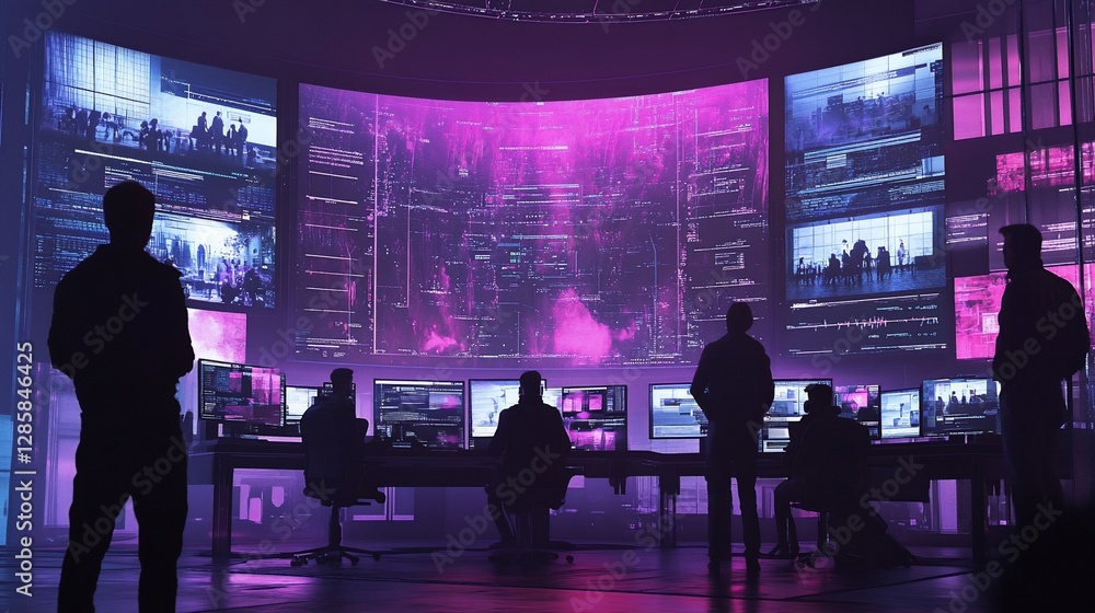 Poster cyberpunk monitoring room with multiple screens and silhouetted figures analyzing data