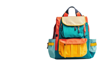 Colorful backpack designed for outdoor activities and everyday use, showcasing a vibrant mix of teal, orange, and yellow hues