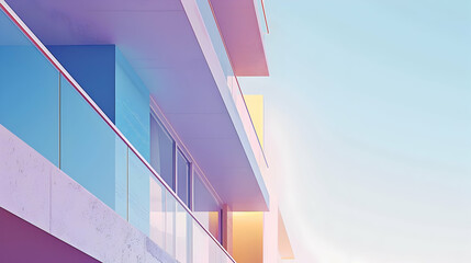 Obraz premium Modern architectural design featuring colorful balconies against a pastel sky at sunset