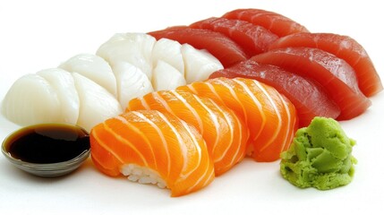 Fresh Sushi Variety with Salmon, Tuna, Wasabi and Soy Sauce