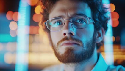 Professional Auditor Analyzing Digital Records on Computer with a Focused Expression in a Modern Office Environment