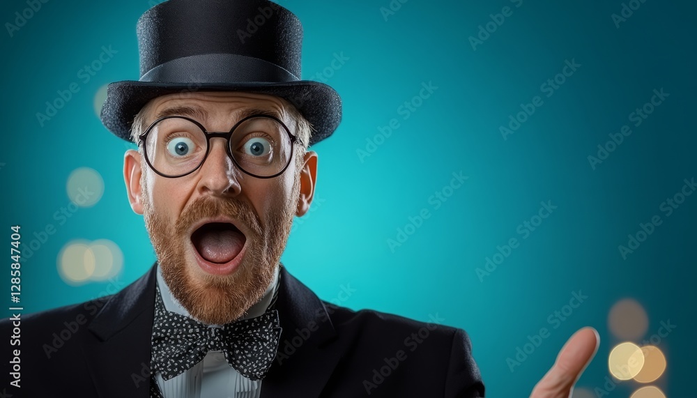 Poster man in a black suit and hat with a big red eye and a bow tie. he is pointing to something