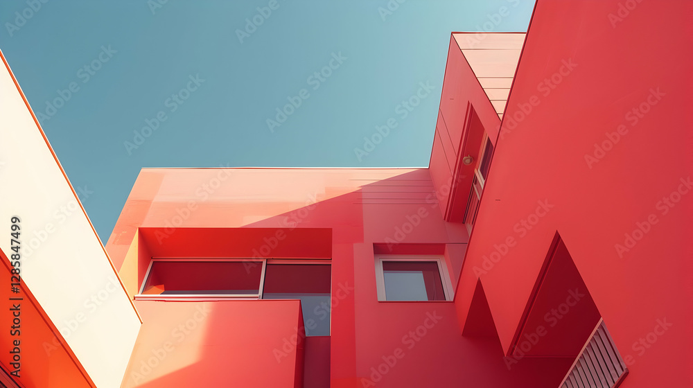 Poster vibrant red modern architecture with angular shapes against a clear blue sky
