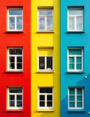 Fototapeta premium Colorful Building Façade with Symmetrical Windows, Vibrant Red, Yellow, Green, Blue Stripes, Modern Architectural Design, Urban Aesthetic Photography