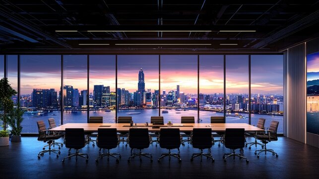 Modern Conference Room Overlooking City Skyline at Sunset