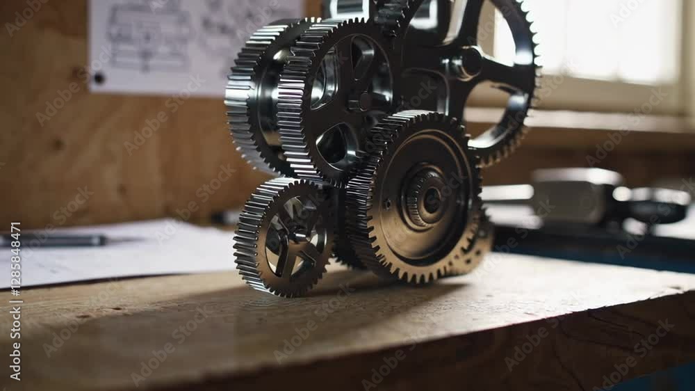 Poster Intricate metal gears interact, showcasing a complex mechanism rotating smoothly in slow motion on a wooden workbench, with engineering drawings in the background