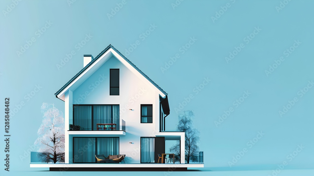 Poster Modern house design with minimalist architecture and serene background featuring trees