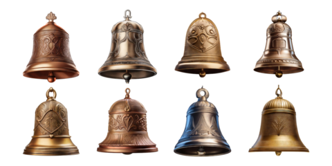 Various Decorative Metallic Bells in Different Shapes and Designs