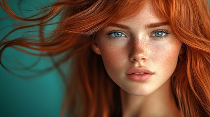 Obraz premium Woman with red hair and blue eyes. She has a very long and curly hair. She is wearing a black shirt