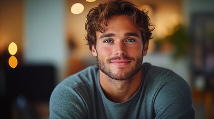 Obraz premium Man with a beard and a smile is posing for a picture. He is wearing a gray shirt and is sitting on a chair