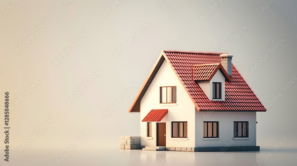 Poster a charming small house with a red-tiled roof and a minimalist design on a soft gradient background