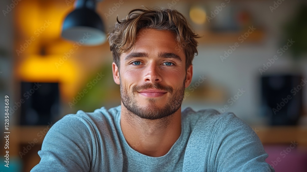 Poster man with a beard and a smile is sitting in front of a lamp. he is wearing a gray shirt and a gray ha