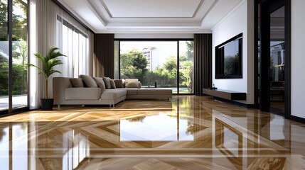 Fototapeta premium Modern Luxury Living Room Interior Design with Polished Wooden Floor