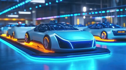 Futuristic Autonomous Vehicles in a Neon-Lit Garage