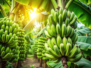 Lush Tropical Jungle: Green Bananas Hanging on Tree - Stock Photo