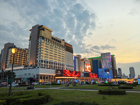 Phnom Penh, Cambodia - February 22, 2025: Exterior view of NagaWorld, the only integrated resort and casino in Phnom Penh, Cambodia and touted as the first of its kind in Southeast Asia.
