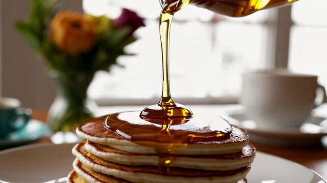 Golden syrup streaming over stacked pancakes, creating mouthwatering breakfast scene with glistening slow motion liquid cascading across fluffy layers and highlighting delectable morning meal