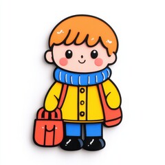 Cute cartoon boy character in colorful clothing with bags on a white background