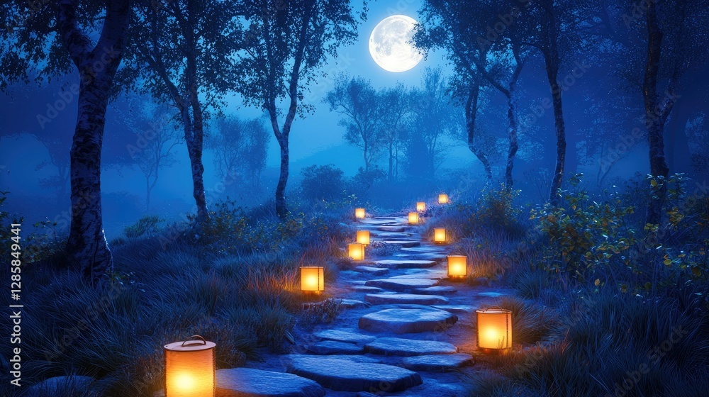 Poster moonlit pathway with lanterns in a mystical forest setting