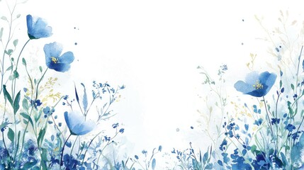 Beautiful watercolor floral background with blue flowers, soft greens, and a light white backdrop, ideal for spring or summer designs and projects