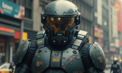 Futuristic soldier in urban setting