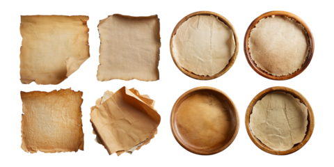 Set of aged, vintage parchment papers and wooden bowls, perfect for rustic designs, historical themes, or creative backgrounds. isolated on transparent background.