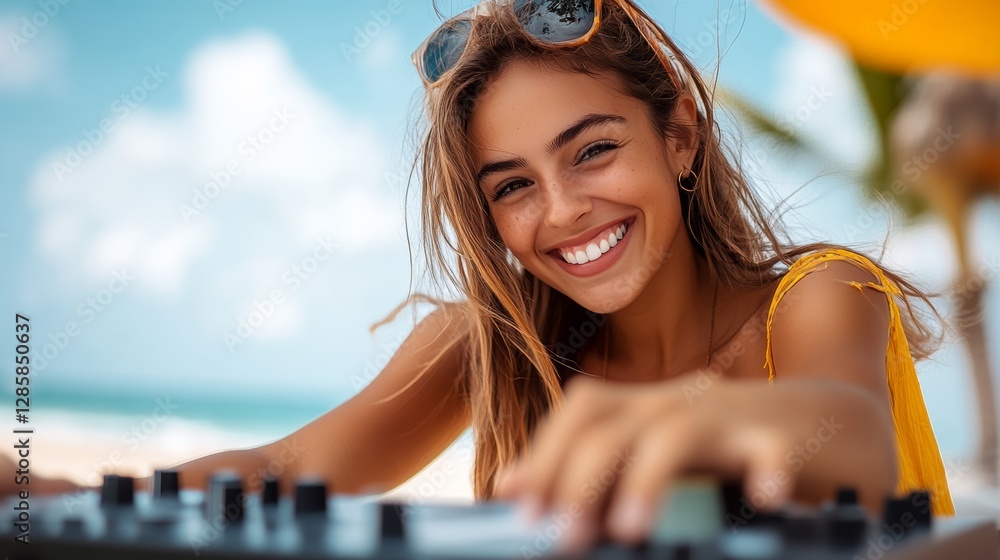 Poster woman is smiling and looking at the camera while sitting in front of a keyboard. the scene is set on