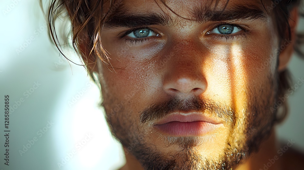Poster captivating high key portrait of pensive man with subtle smile and soft lighting
