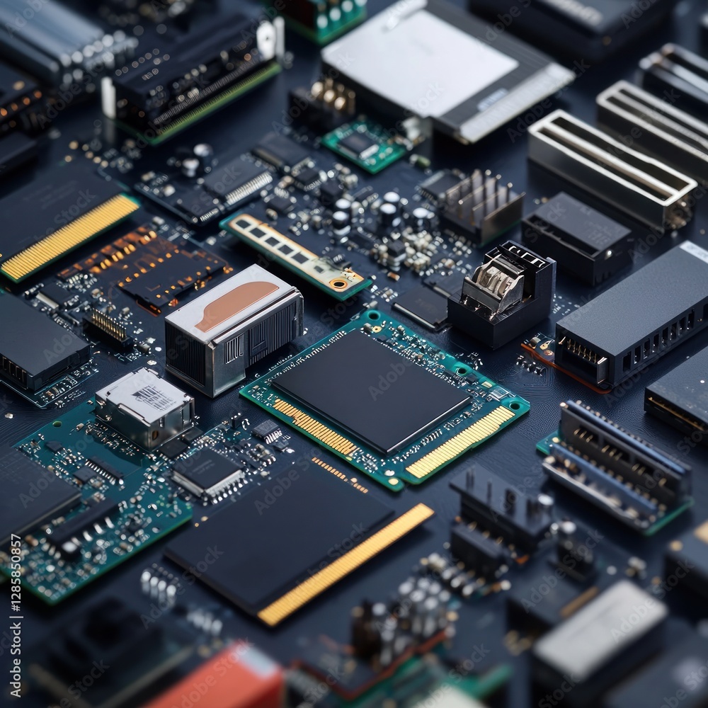 Poster circuit board components: a close-up view of electronics technology
