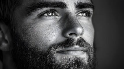 Obraz premium High Key Close up Portrait of a Contemplative Man with Subtle Smile and Refined Features