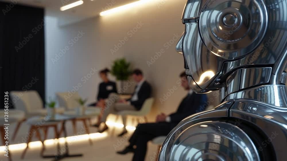Poster Sleek chrome humanoid robot engaging in professional job interview, navigating modern office environment through deliberate slow motion interaction, symbolizing technological workforce integration