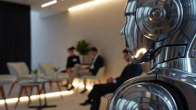 Sleek chrome humanoid robot engaging in professional job interview, navigating modern office environment through deliberate slow motion interaction, symbolizing technological workforce integration