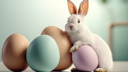 White rabbit is sitting on top of a pink and green egg. The scene is playful and lighthearted, with the rabbit seemingly posing for a photo
