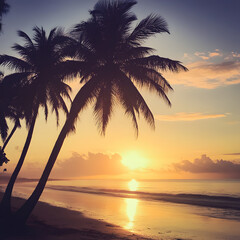 A dreamy coastal view with palm trees silhouetted against the sunrise.